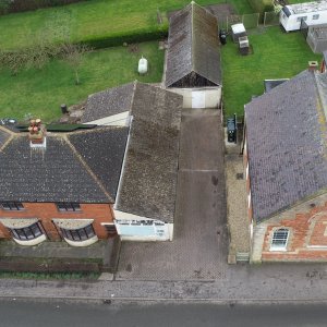An aerial view of the Butchers Shop on the right and the Fish and Chip Shop on the left.
This photograph was taken in March 2020.
Photograph courtesy of Andrew Greenwood.