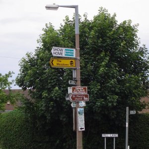 This was christened "The Totem Pole", as everyone in the village who had a sign, pinned it on this lamp post.