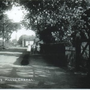 This photograph was probably taken in the early 20th century.
The view is taken in Sea Dyke Way looking down the road towards the Blacksmiths workshop, Bonners Cottage, with the corner shop and chapel on the right.
The children are approaching the gates of the Hall and the photograph was made into a postcard.