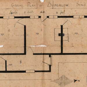 Drawing of the floor plan of Sargents bungalow done by Noras sister, Olive West.
It can be seen that the toilet is outside.
The story has it that if Wally went to the outside convenience without his cap, Nora had to take it out to him!