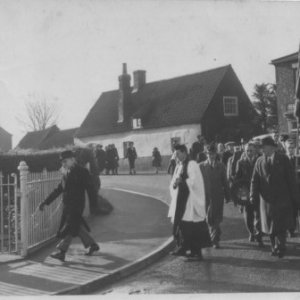 Remembrance service being held at the War Memorial at the junction of Mill Lane and Sea Dyke Way. - Circa; 1950s.