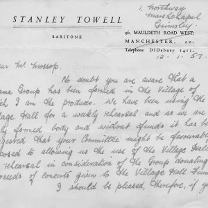 Stanley Towells letter from the Drama Group to the Village Hall Committee - 1957.