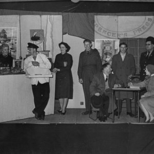 Marshchapel Amateur Dramatic Society - "Brief Encounters".
L to R; Irene Maddison, Beatrice Wilson, R. Ward, Mrs Bridgestock, W.V. Midgley,
N. Gunning, Barry Ireland, Derek Goodhew, Mrs E.M. Mossop, Mrs M. Mudd.