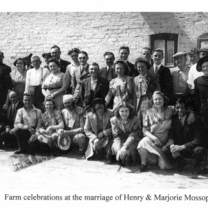 This photograph was taken on the wedding day of Henry Mossop and Marjorie Atkinson - 2nd. June 1947
The farm workers all got a day off and free drinks all day in the pub. On the back row, far left is Ben Leesing.