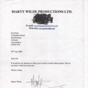 Marty Wildes letter of acceptance to visit Marshchapel Village Hall to help with fund raising for the Marshchapel First Responders.