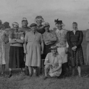 This photograph is thought to have been taken at North Cotes Show.
L to R; Unknown, Mrs Jacklin, Unknown, Mr Pocklington, Mr Gigg, Roy Pridgeon, Unknown, Mr Pridgeon "Roys father",
Unknown, Harry Pickard, Jim Robinson and kneeling is Sonny Sylvester.
It is thought that they were probably running some of the stalls at the show.