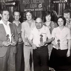 Whitehorse darts team pictured at the trophy presentation night - Circa; 1978 / 79.
L-R; Mr Barnard, Tony Chapman, Gary Chapman, Jim Robinson, Ruth Jackson, Teresa Robinson, Keith Atkinson.