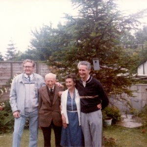This photograph was taken at the Golden Wedding celebrations of Fred and Kath Grantham - Circa; 1977
The two men with them are evacuees who lived with them during WW2.
On the left is Donald Jowett and his brother Dennis is on the right.