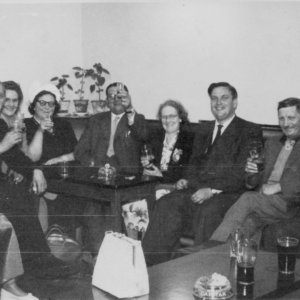 L to R; Mrs Webster, Frank and Lucy Shephard, Mrs Clover, Bill Clover, Unknown, Norman Todd, Unknown, Albert Webster.
Occasion and venue unknown.