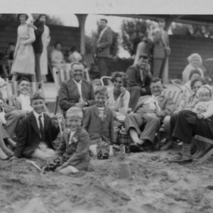 Wesleyan Chapel, Sunday School outing to Skegness - Circa; 1960
Back Row - L to R; Tom Evison, Mick Wray, George Wray, Doll Wray, Jack Burgess,
Isobell Burgess, Ruby Wray, Doug Wray with his son Glen on his knee.
Front Row Kneeling - L to R; Alan Wray, Martin Wray, Nigel Wray.