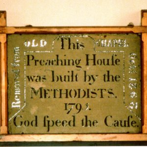This wall plaque was originally in the Wesleyan Chapel which was built in 1795 next to where the Village Stores is now in Hallgarth. 
It was re-erected in the Wesleyan Chapel on the corner of Sea Dyke Way and Littlefield Lane, which was built in 1868.