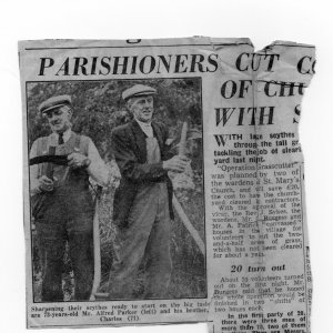 Alf Parker and his brother Charles sharpening up ready to scythe the Churchyard.  Sadly there is no date on this newspaper cutting.