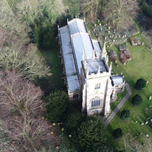 Aerial photograph of St. Marys Church, Marshchapel.
On the right of the photograph can be seen the old part of the Churchyard showing some of the brick tombs.
On the left can be seen some of the more modern curbed graves.
Photograph courtesy Andrew Greenwood.