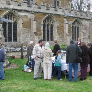 One of the stalls in the Churchyard at one of the exhibitions in the Church. At the rear of the photograph can be seen Janet Gilby who ran the plant stall.