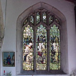 Stained glass window over the "Childrens Altar" in the Church.
There are only two stained glass windows in the Church, the other being a small one higher up on the right.