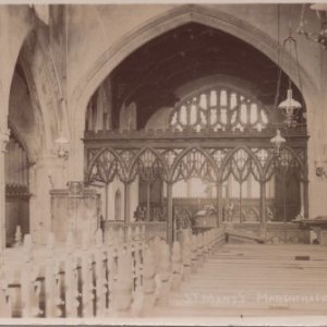 This view of the interior of St. Marys Church, Marshchapel could have been taken in the late 1800s or early 1900s. The ceiling lamps look as they may still use oil.