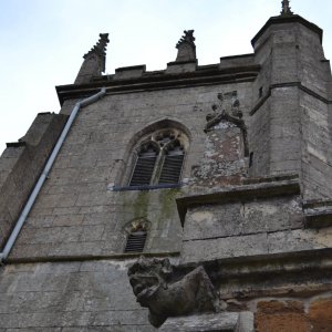 View of the Church tower showing the gargoyle on the corner.