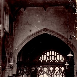 View of the Chancel.  If you look very carefully at the top of the picture there is the faint outline of images beneath the paint.