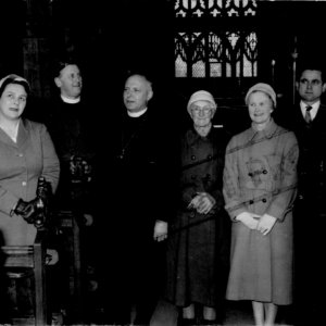 L to R: Sarah Jane Patrick, Margaret Burgess, Rev.Joseph Sykes, Rt. Rev. Kenneth Riches - Bishop of Lincoln - Mrs Maria Atkinson, Mrs Wylie, Aubrey Patrick, Fred Kirk in St. Marys Church in1960.