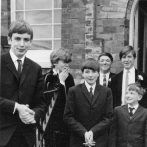 Photograph taken outside the Wesleyan Chapel, Marshchapel.
L to R: Keith Wray, Nigel Lovett, Alan Wray, Mick Clover, Nigel Way and in front of him Glen Wray.
It is thought the photograph may have been taken at Sandra Wraya wedding.
