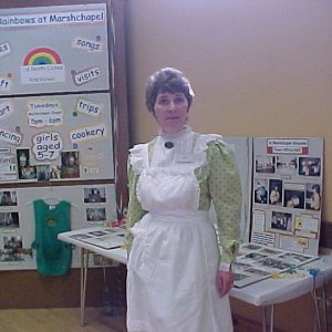 June Houghton at the Exhibition dressed as a Victorian Maid.
