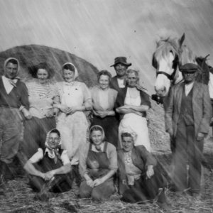 This photograph was taken at Pridgeons Farm at Thoresby Bridge.
The man standing at the back in the hat is Mr Pridgeon "Roy Pridgeons father".
The photograph is thought to have been taken post WW2.