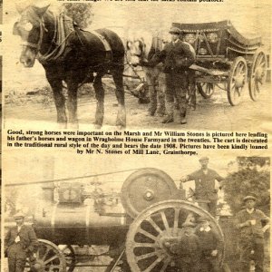 Top Picture - Mr. William Stones, with horse and wagon.
Bottom Picture - Mr. William Stones, in front of the engine. Also in this picture are Alf and Fred Stones.