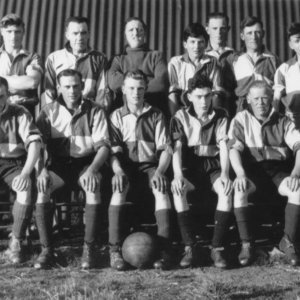 Marshchapel Football Team - Pre. 1957.
Back Row - L to R; Harry Hobson, Des Clark, Jock Cook, Albert Webster, Unknown, Mick Miller, Ron Ireland, Unknown, Tom Evison.
Front Row - L to R; Ron Ward, Cliff Dowlman, Edwin Ireland, Brian Cook, Walt Francis.
As this photograph was taken outside the old village hall, it must have dated from 1957 or earlier.