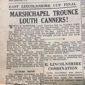 East Lincolnshire Cup Final report - 1957 / 58 Season.
A photo of the winning Marshchapel team with trophy can be seen within this group of  photos.