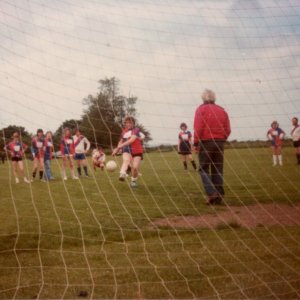 Mixed football charity match played at Marshchapel - Mid. 1970s.
Dennis Quirke in goal and 5th. and 6th. from the left are June and Michael Houghton.
Penalty taker is Beryl Biglin and 2nd. from the right is Roy Nicholson.