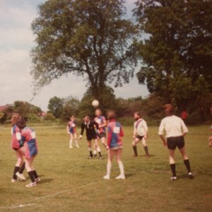 Mixed football charity match played at Marshchapel - Mid. 1970s.
The referee is Pete Clarke. Man with the beard is Roy Nicholson and on the far left is Beryl Biglin.