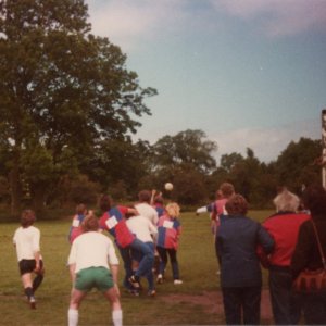 Mixed football charity match played at Marshchapel - Mid. 1970s.
Looks a bit rough with goalkeeper Dennis Quirke being held hostage.