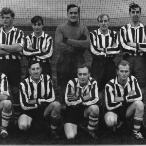 Marshchapel Football Team - Possibly pre - 1957.
Back Row - L to R; Rex Wray, Des Clark, Brian Riggall, Dennis Brown, Rodney Keightley, Ray Salton, George Wray.
Front Row - L to R; "?", Raymond Burgess, Ted Newton, Ken Neal, Rob Jacklin.