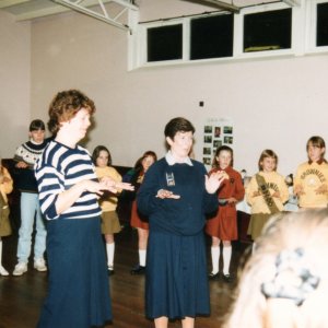 Marshchapel Brownies in the Village Hall.
The adults in the centre are Pauline Plumridge and Diane Collins.