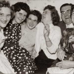 This photograph is thought to have been taken at a presentation evening.
Left to right: Joyce Quirke - nee Clover, Desiree Jacklin - nee Clover, Jean Orry, Pauline Jacklin, Bill Clover and his wife Dorothy