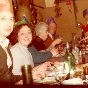Christmas at the Greyhound - Mid. 70s.
In the foreground are Pete and Shirley Marshall who ran the Greyhound at the time.