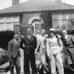 Jim Miller and friends. The photograph was taken on Sea Dyke Way, Marshchapel.
Left to right: Eric Johnson, Harry Lovatt, Fred Todd, George - possibly Webster and Jim Miller