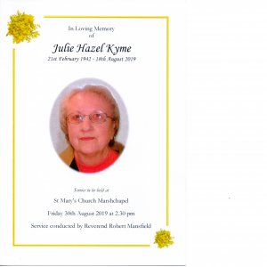 Julie Kyme (nee Lyons). Julies mother, Marion, was the cook at Marshchapel School for many years.