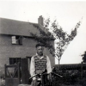 Len Leak on his motorbike.
This photograph was taken on the bridge at the entrance to Fieldsend Terrace, Marshchapel.