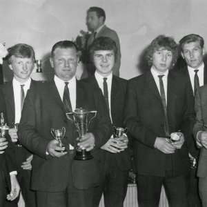 We not sure what this event was but they seem to have won a large amount of "silverware".
Left to right: Pete Clark, Stuart Smith, Edwin "Pop" Ireland, Frank Shephard, Stephen Pearson, Dave Atkin,Terry Taylor.