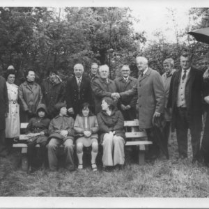 Queens Silver Jubilee Bench 1977. This was sited near the crossroads to the right of Church Lane on the main road.
Back row - left to right: Bill Maddison, George Wray, Mrs Strickland, Mrs Smart (?), Stan Hobson, Harry Hobson, Bill Clover, Albert Wilson, Jim Hurton, Jack Burgess, Rev Leveret (Vicar of Marshchapel))
Front row - left to right: (?) Ian Jackson, Alice Jackson, Ruth Jackson