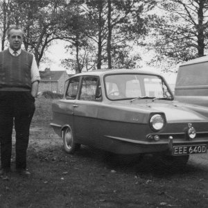 Roy English. This photograph was taken near the gates of RAF North Cotes.
I am reliably informed that the 3 wheeler did NOT belong to him!
