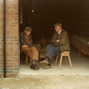 Frred Grantham, left, and Stan Lowis having a "yarn" in Freds garage at the Garden Bungalow in Church Lane.
C. 1990
