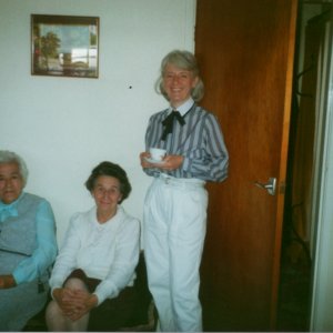 Phyllis Miller, Kath Grantham and Maureen Thornally
Maureen and her husband Mike ran the butchers in the village for many years.
This photograph was taken at Kaths bungalow in Church Lane.
