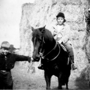Anthony Mossop with his sister, Susan, riding her pony "Betty".
This photograph was taken at the back of Clyde House
C. 1955