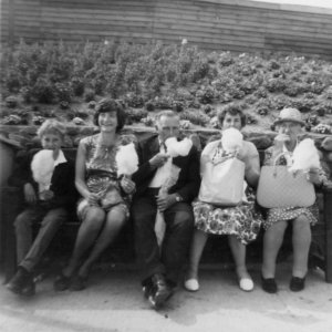 The Wray family enjoying a day at the seaside.
L to R: Martin, Sandra, Gig and Doll - Mum and Dad - and Mrs Atkinson - Grandmother.
C. 1967 or 1968