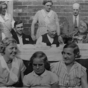 Family party at Firebeacon
Standing L to R: Fanny Pinder, Sarah Jane Patrick, Henry Stubbs
Centre: Charles Pinder, Aubrey Patrick, Henry Hook, Lizzie Hook
Front: Kathleen Stubbs, Margaret Patrick, Winnie Patrick.
