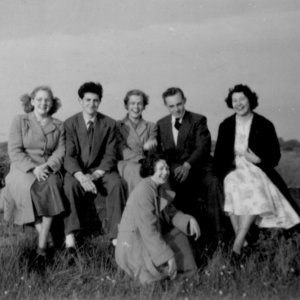 Left to right: Jennifer Leak, Evan Alexander, Val Riggall, Trevor Nicholson, Marie Lingard
and seated Midge Marshall.
This photograph was taken in 1955 on the parapet of the bridge which is past the Church further down Church Lane on the way out of the village. The parapet has now been replaced with a railing.