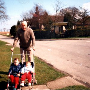 Raymond Burgess with his two grandsons - the children of his daughter Angela.
This photograph was taken on Sea Dyke Way with the entrance to North Lane in the background.