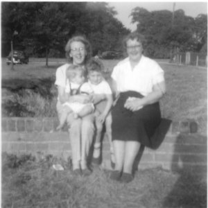 Left to right: Joyce Berry, Marion Lyons,Richard and Maurice - sons of Joyce and Norman Berry. The photograph was taken in Hallgarth, Marshchapel mid 1950s.